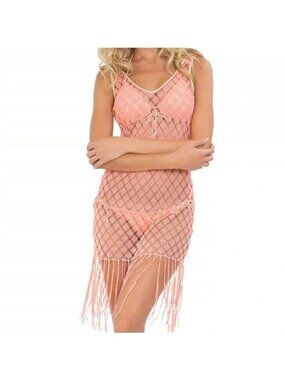Luli Fama Diamantes De Coral Flirty Fringe Dress Beachy Coral Medium Crochet Cov